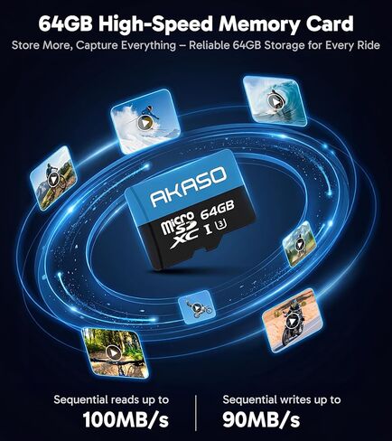 مجموعة ملحقات ركوب الدراجات من AKASO لكاميرا الحركة - بطاقة MicroSD سعة 64 جيجابايت + حامل حزام الصدر قابل للتعديل سريع التحرير + حامل مشبك المقود + حامل حزام الرأس سريع التحرير 2 في 1 + حقيبة حمل الكاميرا in Kuwait