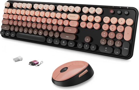 Wireless Keyboard and Mouse Combo, Ergonomic Full Size Typewriter Retro Round Keycaps Keyboard, Compatible with Windows, PC, Perfer for Home and Office Keyboards (Red in Saudi Arabia