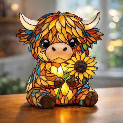 Stained Glass Highland Cow Lamp, LED Sunflower Highland Cow Lamp, Vintage Resin Bedside Table Night Light, 3D Cute Animal Lamp for Bedroom, Unique Home Decor for Cow Lovers in Kuwait