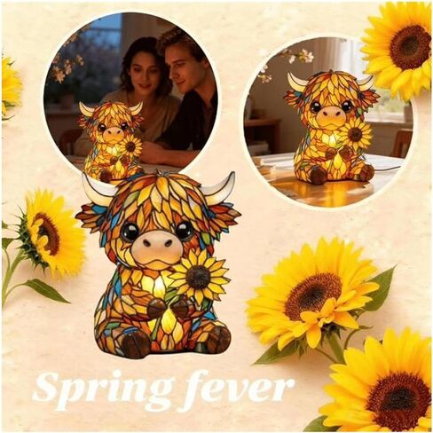 Stained Glass Highland Cow Lamp, LED Sunflower Highland Cow Lamp, Vintage Resin Bedside Table Night Light, 3D Cute Animal Lamp for Bedroom, Unique Home Decor for Cow Lovers in Kuwait