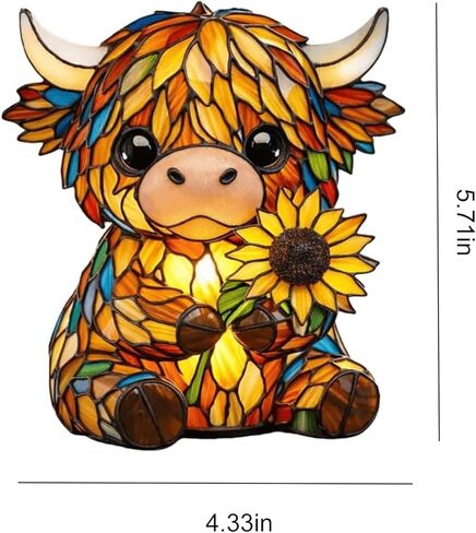 Stained Glass Highland Cow Lamp, LED Sunflower Highland Cow Lamp, Vintage Resin Bedside Table Night Light, 3D Cute Animal Lamp for Bedroom, Unique Home Decor for Cow Lovers in Kuwait