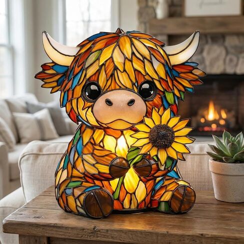Stained Glass Highland Cow Lamp, LED Sunflower Highland Cow Lamp, Vintage Resin Bedside Table Night Light, 3D Cute Animal Lamp for Bedroom, Unique Home Decor for Cow Lovers in Kuwait