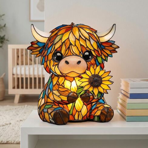 Stained Glass Highland Cow Lamp, LED Sunflower Highland Cow Lamp, Vintage Resin Bedside Table Night Light, 3D Cute Animal Lamp for Bedroom, Unique Home Decor for Cow Lovers in Kuwait