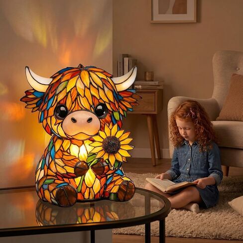 Stained Glass Highland Cow Lamp, LED Sunflower Highland Cow Lamp, Vintage Resin Bedside Table Night Light, 3D Cute Animal Lamp for Bedroom, Unique Home Decor for Cow Lovers in Kuwait