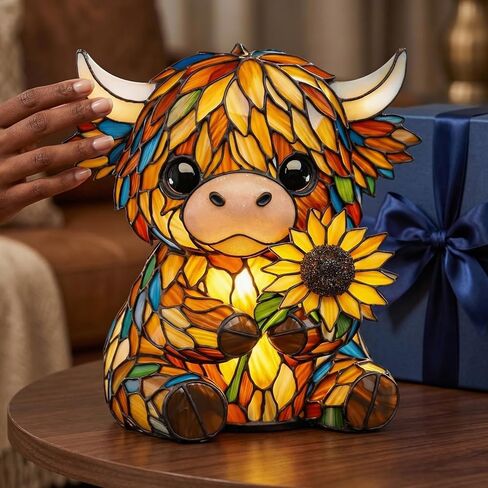 Stained Glass Highland Cow Lamp, LED Sunflower Highland Cow Lamp, Vintage Resin Bedside Table Night Light, 3D Cute Animal Lamp for Bedroom, Unique Home Decor for Cow Lovers in Kuwait
