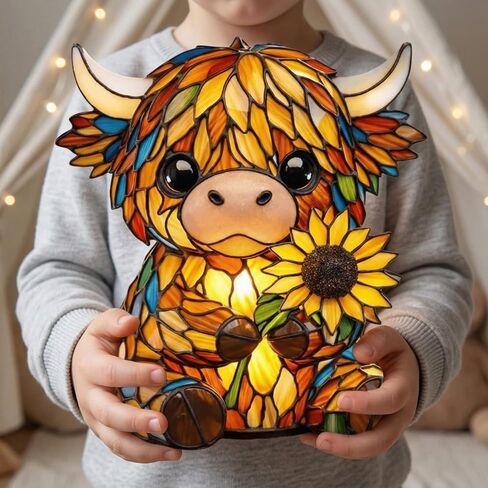 Stained Glass Highland Cow Lamp, LED Sunflower Highland Cow Lamp, Vintage Resin Bedside Table Night Light, 3D Cute Animal Lamp for Bedroom, Unique Home Decor for Cow Lovers in Kuwait
