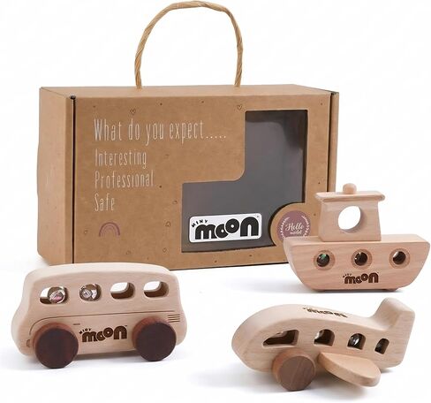 Wooden Toys for 1 Year Old – Montessori Baby Toy Set with Bus, Airplane & Boat – Minimalist Nursery Decor & Teething Safe Infant Toys for Boys and Girls – 3 Piece Ergo-Fit Toddler Car Set in Kuwait