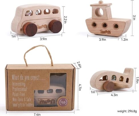 Wooden Toys for 1 Year Old – Montessori Baby Toy Set with Bus, Airplane & Boat – Minimalist Nursery Decor & Teething Safe Infant Toys for Boys and Girls – 3 Piece Ergo-Fit Toddler Car Set in Kuwait