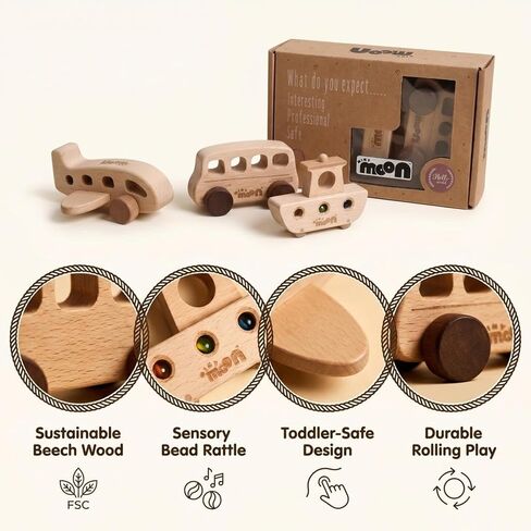 Wooden Toys for 1 Year Old – Montessori Baby Toy Set with Bus, Airplane & Boat – Minimalist Nursery Decor & Teething Safe Infant Toys for Boys and Girls – 3 Piece Ergo-Fit Toddler Car Set in Kuwait