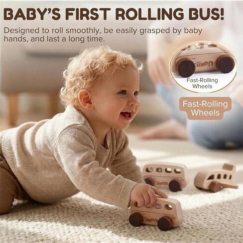 Wooden Toys for 1 Year Old – Montessori Baby Toy Set with Bus, Airplane & Boat – Minimalist Nursery Decor & Teething Safe Infant Toys for Boys and Girls – 3 Piece Ergo-Fit Toddler Car Set in Kuwait