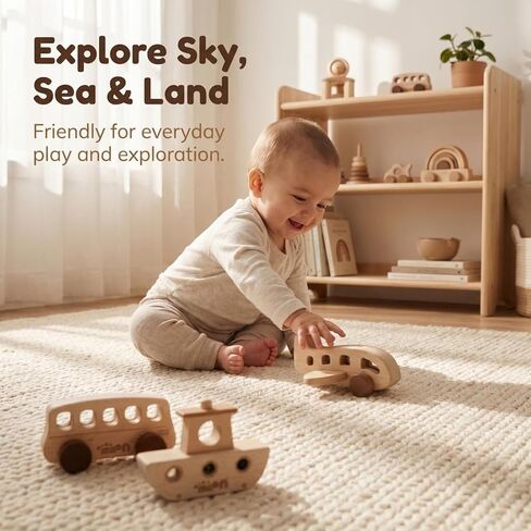 Wooden Toys for 1 Year Old – Montessori Baby Toy Set with Bus, Airplane & Boat – Minimalist Nursery Decor & Teething Safe Infant Toys for Boys and Girls – 3 Piece Ergo-Fit Toddler Car Set in Kuwait