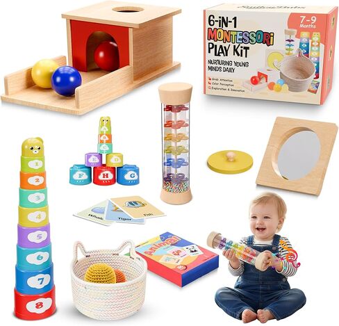 Montessori Baby Toys 10-12 Months, Montessori Toys for 1 Year Old, Baby Sensory Toys for 10-12 Month Infants - A Sliding Box, Puzzle, Switchboard, Pulling Carrots, Doll, Fruit Flash Cards in Kuwait