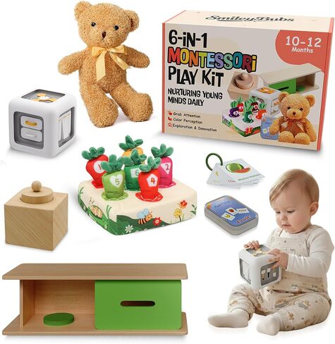 Montessori Baby Toys 10-12 Months, Montessori Toys for 1 Year Old, Baby Sensory Toys for 10-12 Month Infants - A Sliding Box, Puzzle, Switchboard, Pulling Carrots, Doll, Fruit Flash Cards in Saudi Arabia
