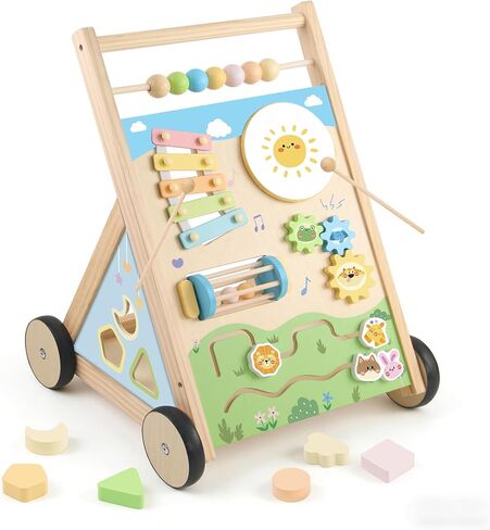 Wooden Baby Walker, Baby Walker with Wheels, Includes Montessori Sensory Toys and Activity Center, 6-18 Months for Boys and Girls in Kuwait
