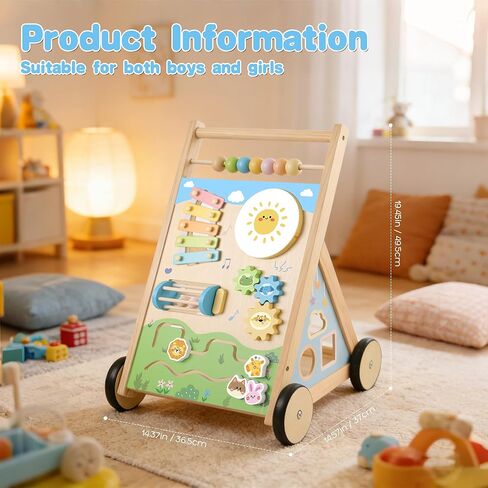 Wooden Baby Walker, Baby Walker with Wheels, Includes Montessori Sensory Toys and Activity Center, 6-18 Months for Boys and Girls in Kuwait