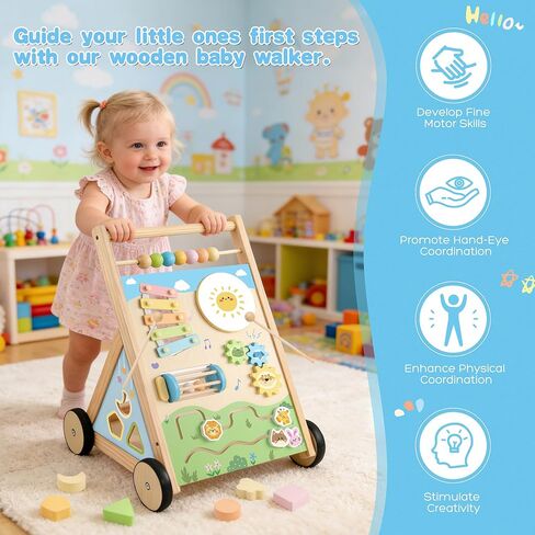 Wooden Baby Walker, Baby Walker with Wheels, Includes Montessori Sensory Toys and Activity Center, 6-18 Months for Boys and Girls in Kuwait
