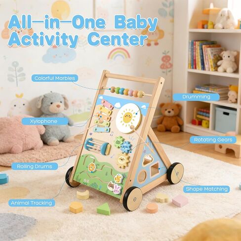 Wooden Baby Walker, Baby Walker with Wheels, Includes Montessori Sensory Toys and Activity Center, 6-18 Months for Boys and Girls in Kuwait