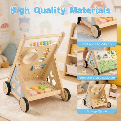 Wooden Baby Walker, Baby Walker with Wheels, Includes Montessori Sensory Toys and Activity Center, 6-18 Months for Boys and Girls in Kuwait