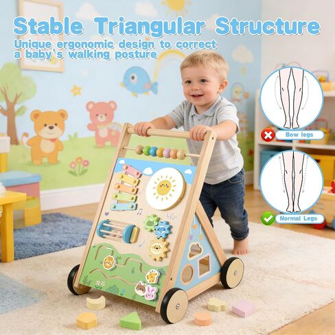 Wooden Baby Walker, Baby Walker with Wheels, Includes Montessori Sensory Toys and Activity Center, 6-18 Months for Boys and Girls in Kuwait