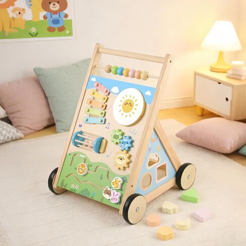 Wooden Baby Walker, Baby Walker with Wheels, Includes Montessori Sensory Toys and Activity Center, 6-18 Months for Boys and Girls in Kuwait