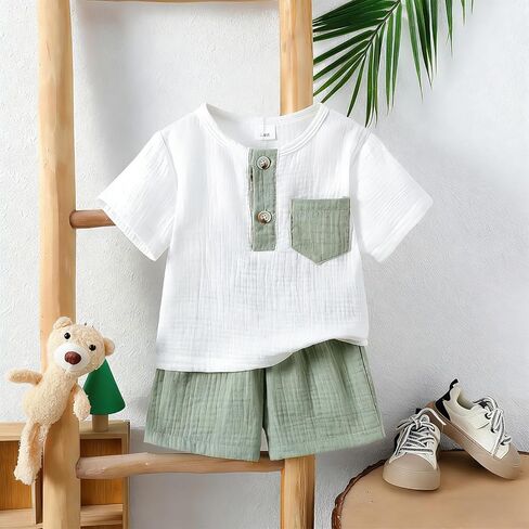 Baby Boy Muslin Outfit Summer Short Sleeve Henley Shirt & Shorts Set Green Crinkled Infant Clothes in Saudi Arabia