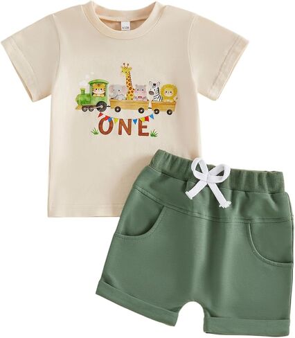 Lamuusaa Birthday Boy Outfit 1 Year Old Short Sleeve Cartoon Animal T-shirt Shorts First Birthday Cake Smash Outfit in Kuwait