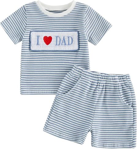 Toddler Baby Boy Mothers Day Outfit I Love Mom Striped Smocked Short Sleeve Waffle Knit T-Shirt and Shorts 2Pcs Set in Saudi Arabia
