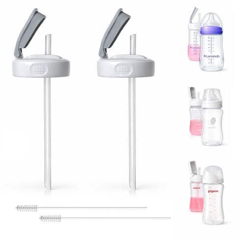 Flip Top Straw Lid for Lansinoh, Pigeon and Evenflow Wide Neck Baby Bottles, 2-Count, Cleaning Brush, Food Grade Silicone, BPA-Free, Spill and Leak Proof, Converts to Straw Bottle, 6+ Months in Saudi Arabia