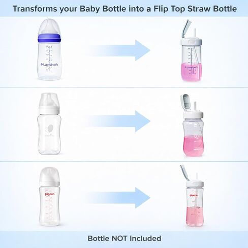 Flip Top Straw Lid for Lansinoh, Pigeon and Evenflow Wide Neck Baby Bottles, 2-Count, Cleaning Brush, Food Grade Silicone, BPA-Free, Spill and Leak Proof, Converts to Straw Bottle, 6+ Months in Saudi Arabia