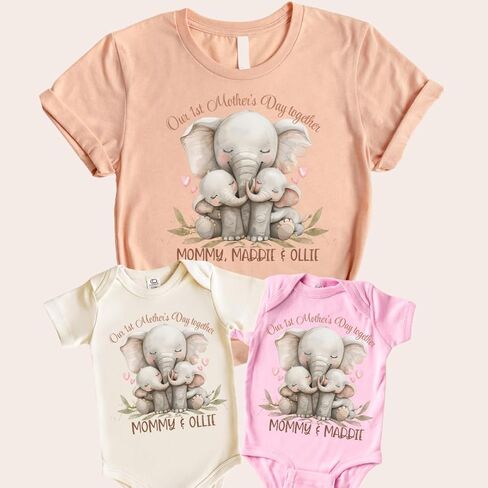 Twin Mom، زي عيد أمهاتنا الأول معًا لعام 2025 للأم والطفل، هدايا عيد الأم الأولى للأم التوأم الجديدة، والزوجة، والصديقة، والابنة. طفل رضيع، طفلة التوأم الأم وأنا ملابس متطابقة. الفيل in Kuwait