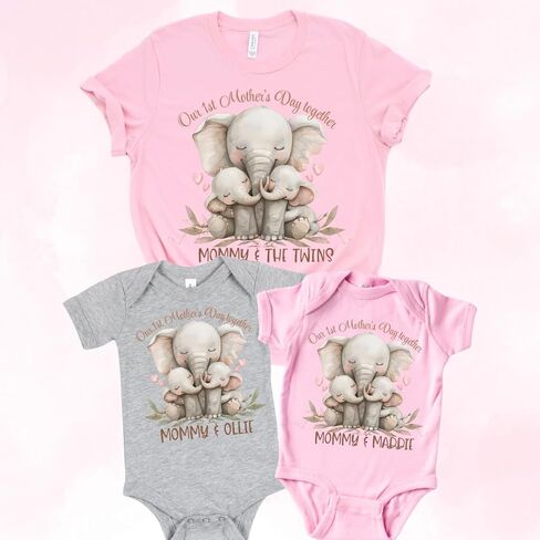 Twin Mom، زي عيد أمهاتنا الأول معًا لعام 2025 للأم والطفل، هدايا عيد الأم الأولى للأم التوأم الجديدة، والزوجة، والصديقة، والابنة. طفل رضيع، طفلة التوأم الأم وأنا ملابس متطابقة. الفيل in Kuwait
