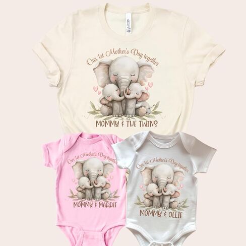 Twin Mom، زي عيد أمهاتنا الأول معًا لعام 2025 للأم والطفل، هدايا عيد الأم الأولى للأم التوأم الجديدة، والزوجة، والصديقة، والابنة. طفل رضيع، طفلة التوأم الأم وأنا ملابس متطابقة. الفيل in Kuwait
