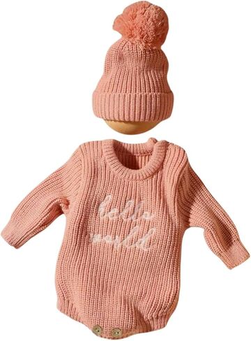 Baby Knit Sweater and Beanie Hat Set, Pom Pom Detail, Long Sleve, Round Neck. in Saudi Arabia