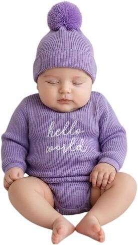 Baby Knit Sweater and Beanie Hat Set, Pom Pom Detail, Long Sleve, Round Neck. in Saudi Arabia