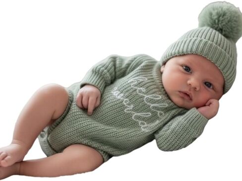 Baby Knit Sweater and Beanie Hat Set, Pom Pom Detail, Long Sleve, Round Neck. in Saudi Arabia