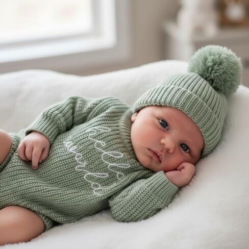 Baby Knit Sweater and Beanie Hat Set, Pom Pom Detail, Long Sleve, Round Neck. in Saudi Arabia