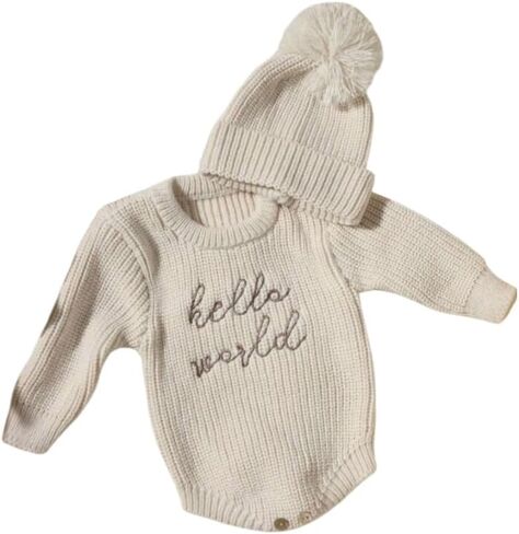 Baby Knit Sweater and Beanie Hat Set, Pom Pom Detail, Long Sleve, Round Neck. in Saudi Arabia