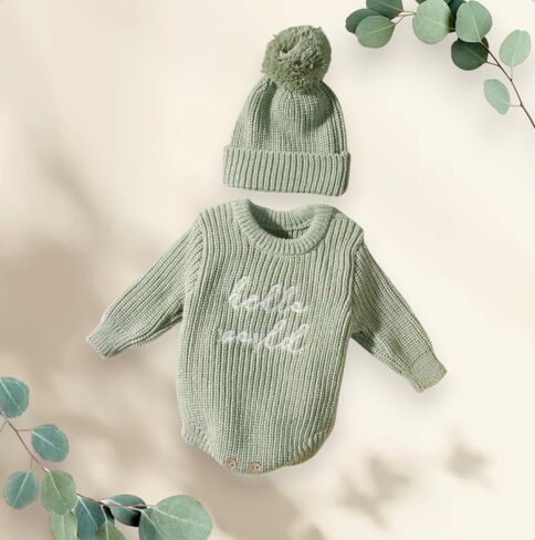 Baby Knit Sweater and Beanie Hat Set, Pom Pom Detail, Long Sleve, Round Neck. in Saudi Arabia