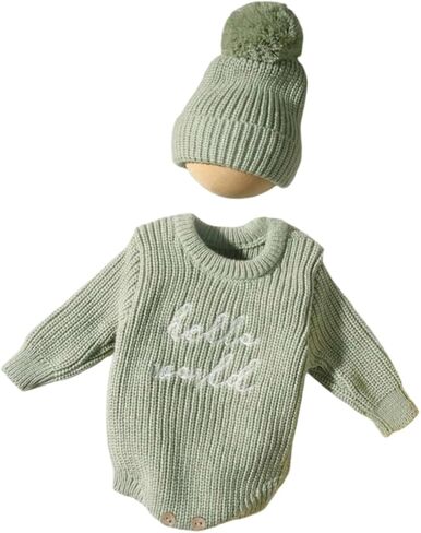 Baby Knit Sweater and Beanie Hat Set, Pom Pom Detail, Long Sleve, Round Neck. in Saudi Arabia