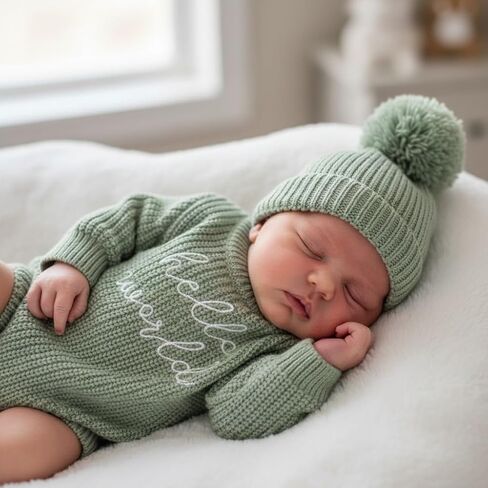 Baby Knit Sweater and Beanie Hat Set, Pom Pom Detail, Long Sleve, Round Neck. in Saudi Arabia
