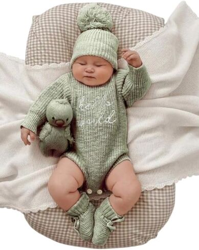 Baby Knit Sweater and Beanie Hat Set, Pom Pom Detail, Long Sleve, Round Neck. in Saudi Arabia