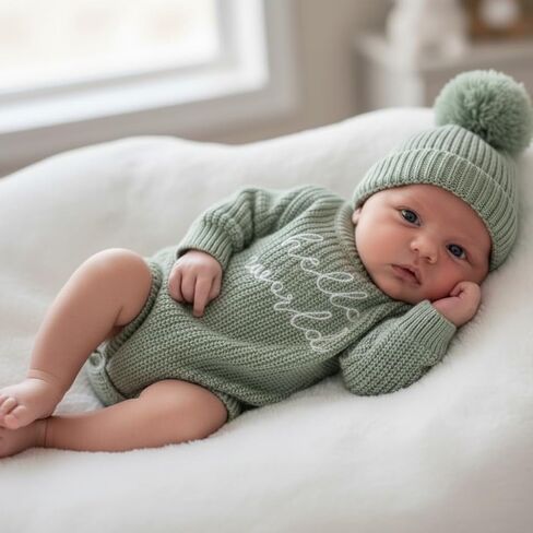 Baby Knit Sweater and Beanie Hat Set, Pom Pom Detail, Long Sleve, Round Neck. in Saudi Arabia