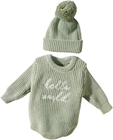 Baby Knit Sweater and Beanie Hat Set, Pom Pom Detail, Long Sleve, Round Neck. in Saudi Arabia