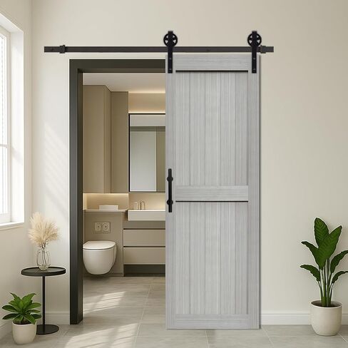 S&Z TOPHAND® 24in x 84in MDF Light Gray Barn Door with 4FT Sliding Door Hardware Kit, 24-60in Solid Barn Door Slab Covered with Water-Proof PVC Surface, Simple Assembly is Required(Big Wheel) in Kuwait