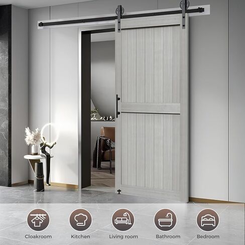 S&Z TOPHAND® 24in x 84in MDF Light Gray Barn Door with 4FT Sliding Door Hardware Kit, 24-60in Solid Barn Door Slab Covered with Water-Proof PVC Surface, Simple Assembly is Required(Big Wheel) in Kuwait