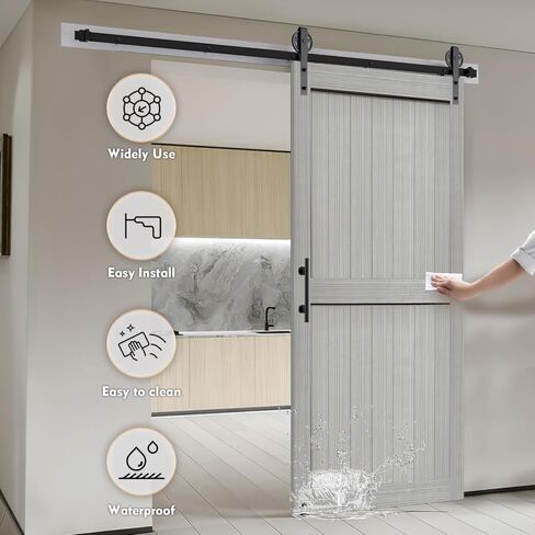 S&Z TOPHAND® 24in x 84in MDF Light Gray Barn Door with 4FT Sliding Door Hardware Kit, 24-60in Solid Barn Door Slab Covered with Water-Proof PVC Surface, Simple Assembly is Required(Big Wheel) in Kuwait