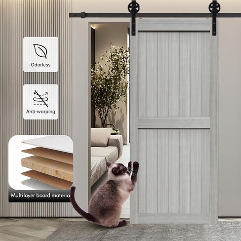 S&Z TOPHAND® 24in x 84in MDF Light Gray Barn Door with 4FT Sliding Door Hardware Kit, 24-60in Solid Barn Door Slab Covered with Water-Proof PVC Surface, Simple Assembly is Required(Big Wheel) in Kuwait