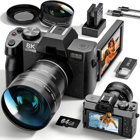 كاميرات رقمية G-Anica 8K للتصوير الفوتوغرافي مع عدسة مزدوجة، مجموعة كاميرا تسجيل فيديو واي فاي بدقة 64 ميجابكسل مع شاشة قلاب 180 درجة، تكبير 16X، بطاقة 64 جيجابايت، كاميرا محمولة للمبتدئين والمراهقين، بطاريتان in Kuwait