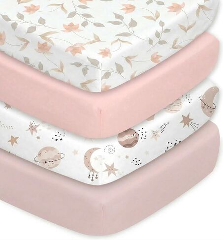 4 Pack Crib Sheets for Girls – Fitted Crib Sheets for Standard Crib Mattress and Toddler Mattress, Ultra Soft Breathable Washable Polyester, 28x52inch, Light Pink & Star in Saudi Arabia