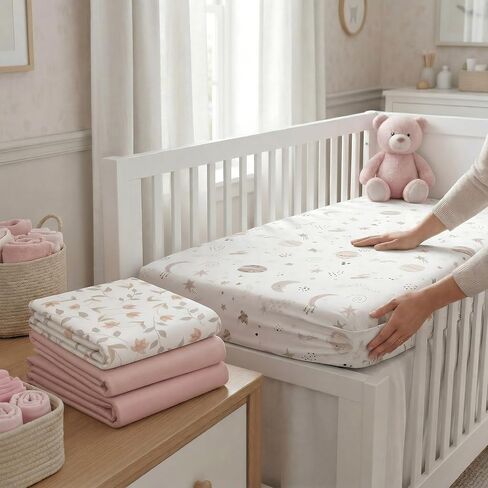 4 Pack Crib Sheets for Girls – Fitted Crib Sheets for Standard Crib Mattress and Toddler Mattress, Ultra Soft Breathable Washable Polyester, 28x52inch, Light Pink & Star in Saudi Arabia